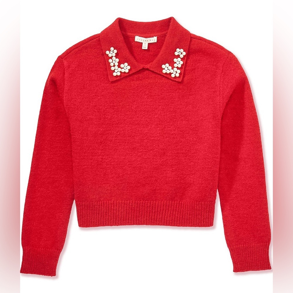 Copper Key Red Knit Sweater with Pearl Collar Embellishments Kids size M